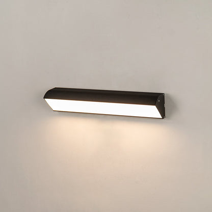 Minimalist black aluminum outdoor LED wall bar light on white background casting downward illumination for porch decor.