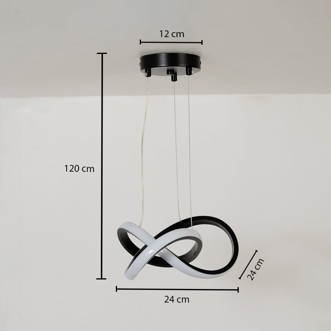 LED chandelier with dimensions displaying 24 cm width 24 cm depth and 120 cm adjustable height with a 12 cm ceiling plate.