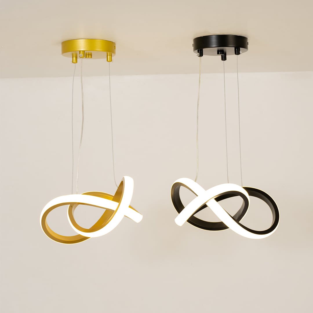 Contemporary loop-shaped LED chandelier displayed on a white background highlighting its sculpted intertwined ring design.
