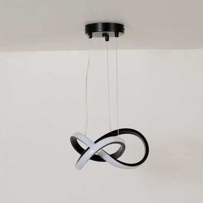 Minimalist LED chandelier with intertwined loop strips shown with light off on a white background.