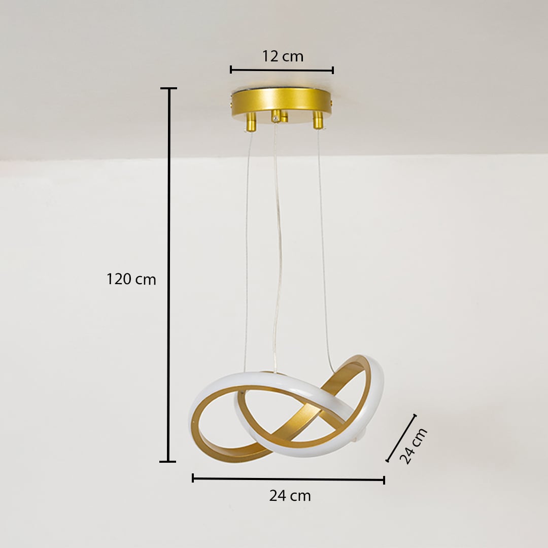 LED chandelier with dimensions showing 24 cm width 24 cm depth and 120 cm adjustable height with a 12 cm ceiling plate.