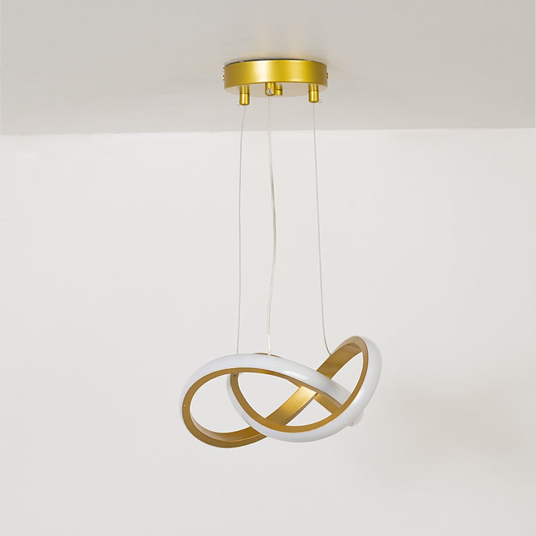 Minimalist loop LED chandelier in gold and white shown with the light off against a white backdrop.