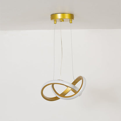 Minimalist loop LED chandelier in gold and white shown with the light off against a white backdrop.
