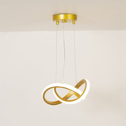 Modern loop-shaped LED chandelier in gold and white finish displayed on a clean white background.