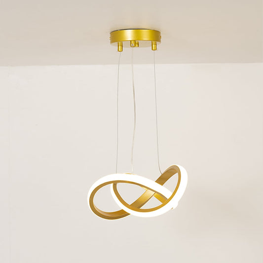 Modern loop-shaped LED chandelier in gold and white finish displayed on a clean white background.
