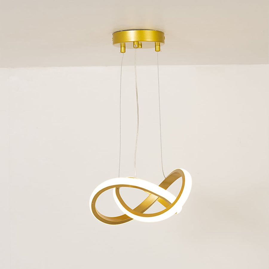 Modern loop-shaped LED chandelier in gold and white finish displayed on a clean white background.