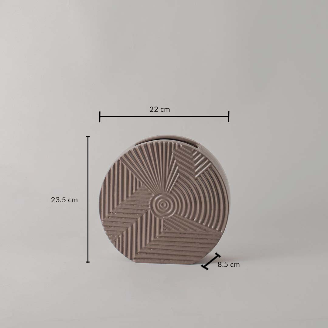 Round brown ceramic vase measuring approximately 8 inches in height and width perfect for fresh flowers or dried stems.