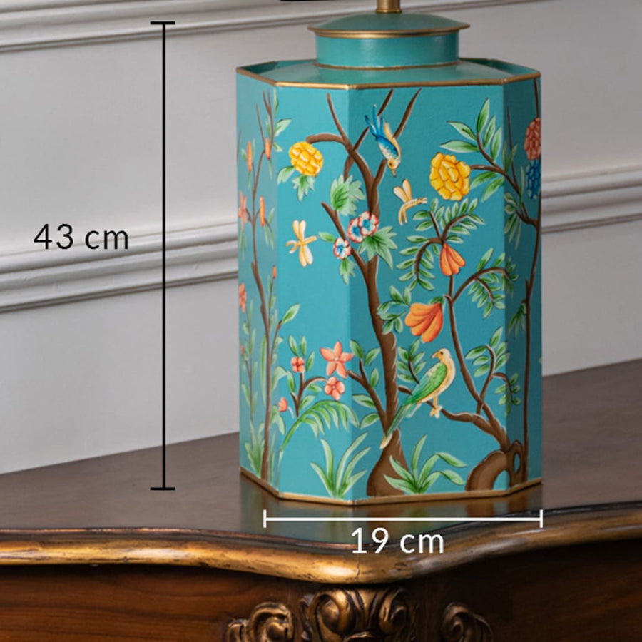 Table lamp showcasing a turquoise floral ceramic base illustrated with 43 cm height and 19 cm width measurement.