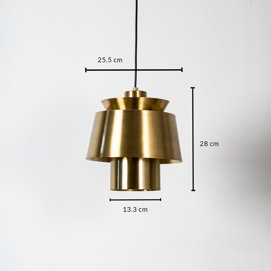 Brass metal pendant light measuring 25.5 cm width and 24 cm height crafted for sophisticated ceiling lighting decor.