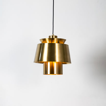 Brass metal pendant light with layered geometric design and brushed finish for sophisticated ceiling lighting decor.