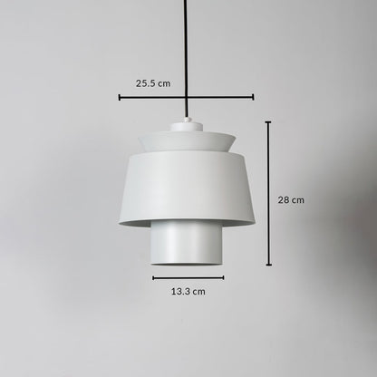 A detailed view of the pendant lamp against a plain background clearly showing its measurements with a height of 28 cm a width of 25 cm and a lower diameter of 13 cm.