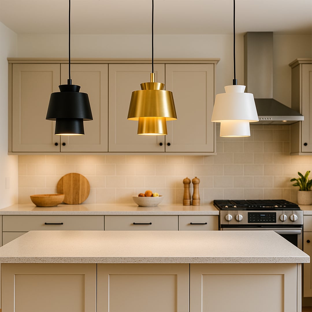 A stylish kitchen setting showcasing a trio of pendant lamps in black gold and white hanging above an island highlighting their elegant modern design.