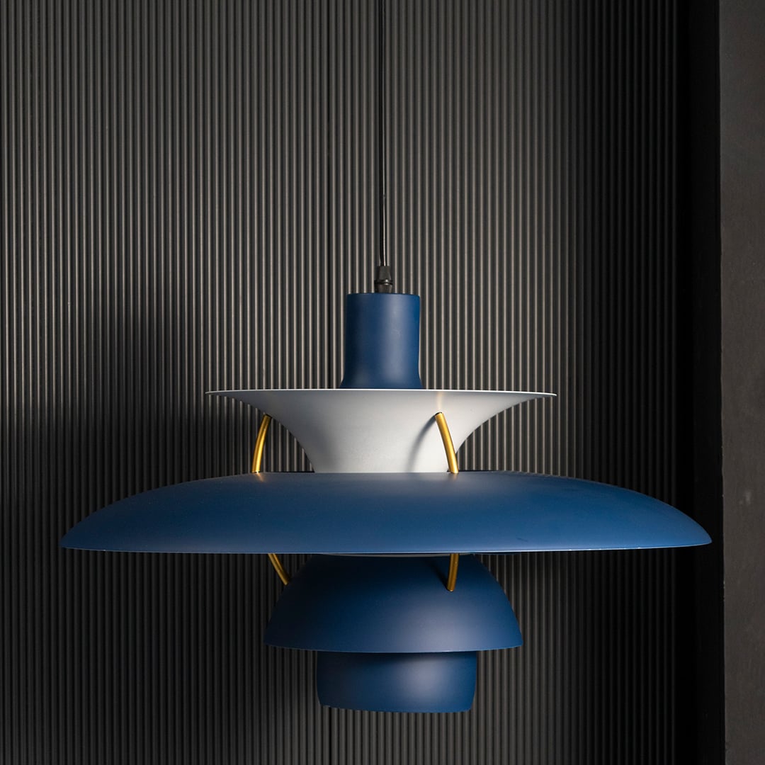 Louis Poulsen PH5 Inspired Pendant Light Blue Light Off Black Background
