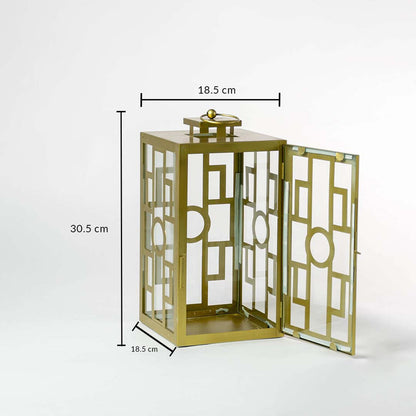 Gold lantern with visible size indicators showing height 30.5 cm width 18.5 cm and depth 18.5 cm highlighting proportion and perfect tabletop size for candles.