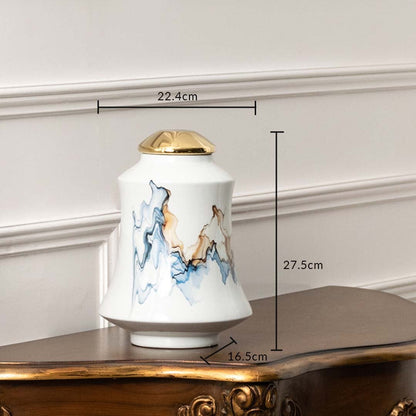 White ceramic jar with blue mountain horse artwork in a front view measuring 18 cm width and 27.5 cm height ideal for classic décor styling.