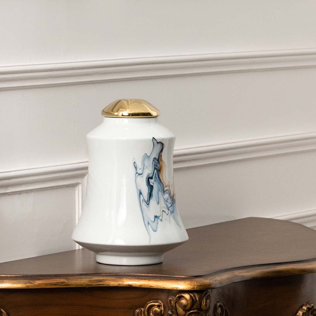 White ceramic jar with blue mountain and horse artwork in a front view perfect for classic console décor and decorative display styling.