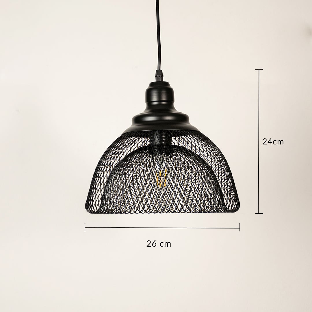 Black metal mesh dome pendant light dimension image with 26 cm width and 24 cm height for modern kitchen placement.