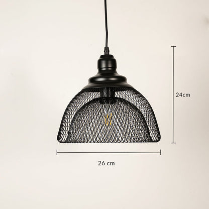 Black metal mesh dome pendant light dimension image with 26 cm width and 24 cm height for modern kitchen placement.