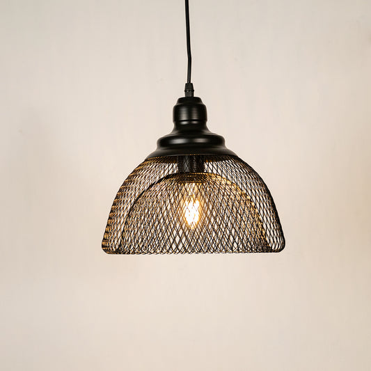 Black metal mesh pendant light illuminated to showcase industrial ceiling lighting with warm glow and modern appeal.