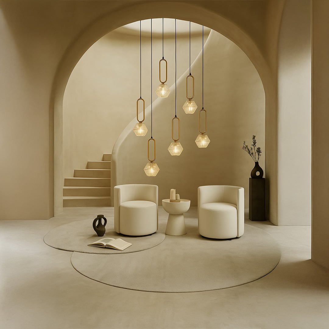 Gold crystal pendant lights illuminating arched living space with elegant warmth and modern charm.