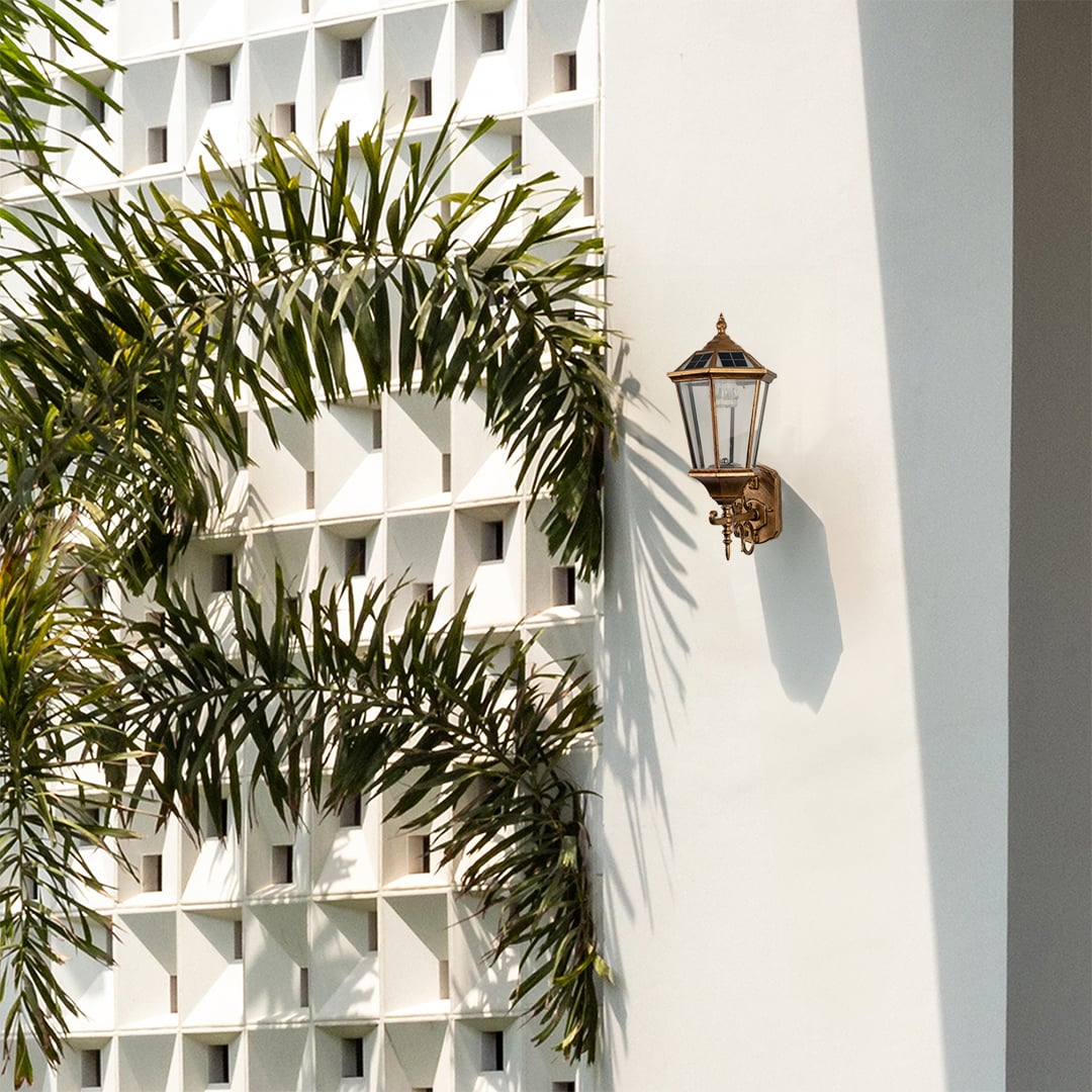 Outdoor antique gold wall lantern mounted on a light background showcasing its classic shape clear glass panels and elegant vintage design.