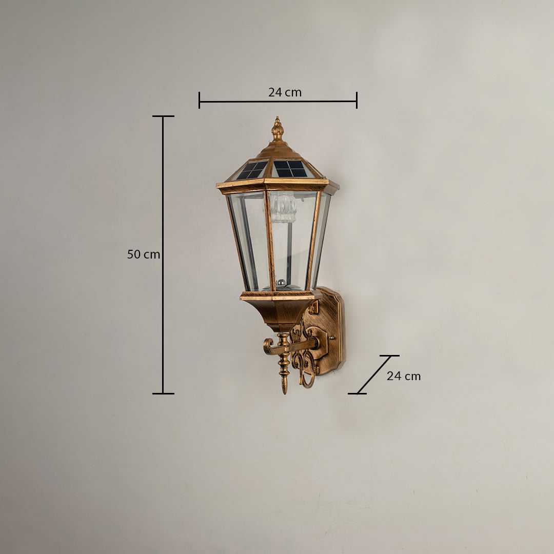 Antique gold outdoor wall lantern with size details showing 50 cm height 24 cm width and 24 cm depth displayed on a plain background.