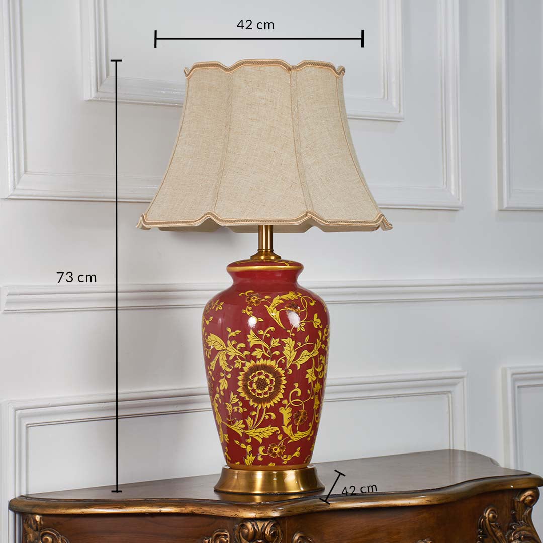 Red ceramic floral table lamp shown with 73 cm height 42 cm shade width and 42 cm base width on a wooden console for accurate size reference.