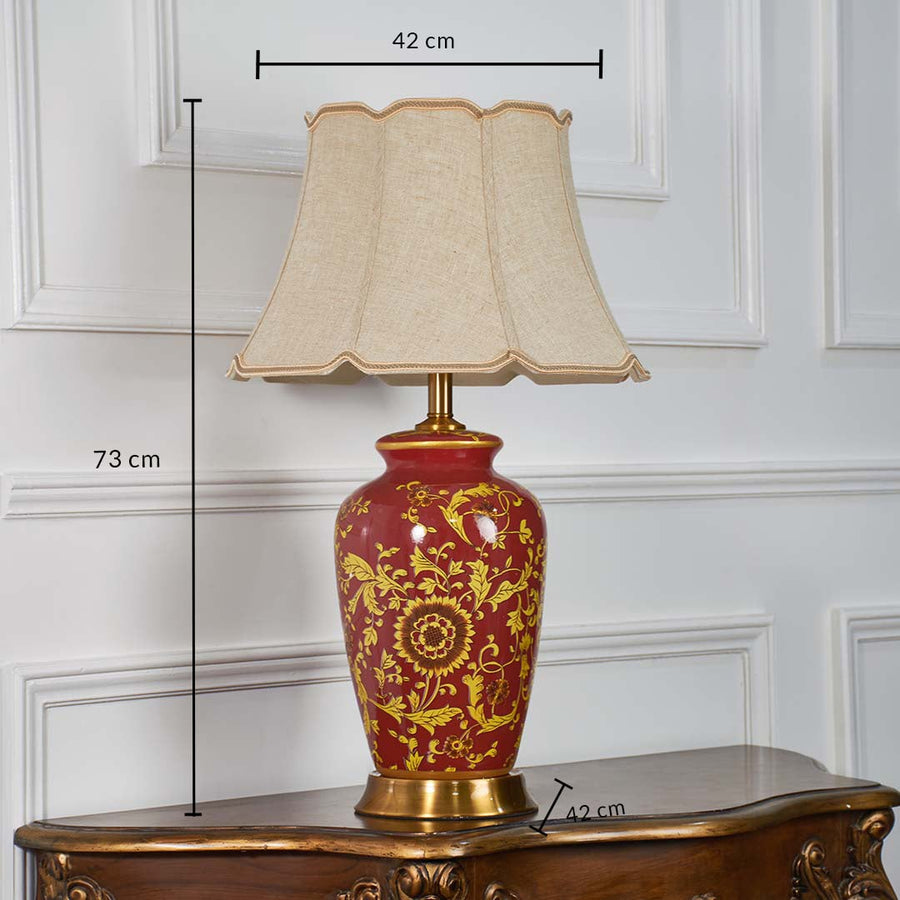 Red ceramic floral table lamp shown with 73 cm height 42 cm shade width and 42 cm base width on a wooden console for accurate size reference.