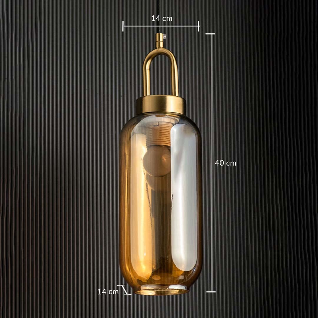 A gold and amber glass pendant light shown with 14 cm width 14 cm depth and 40 cm height measurements highlighting its slim tall modern silhouette.