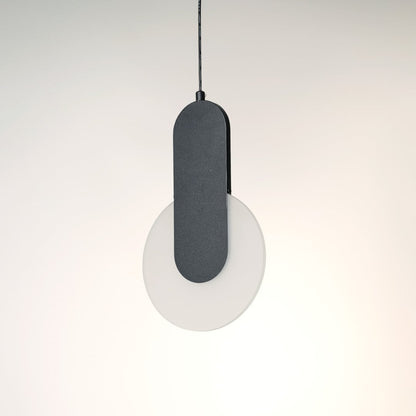 Elegant geometric LED pendant lamp with frosted white circular shade displayed off on white background for decor.