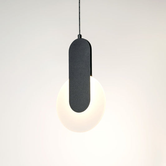 Black and white geometric LED pendant light illuminated on white background perfect for living dining and bedrooms.