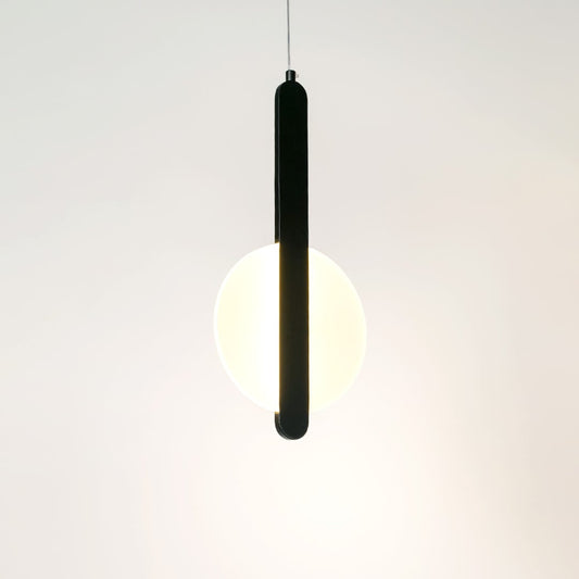 Modern geometric LED pendant light with black bar and white shade illuminated on white background for interiors.