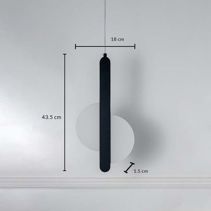 Dimension image of matte black metal pendant light with white acrylic disc showing 43.5 cm height and 16 cm width.