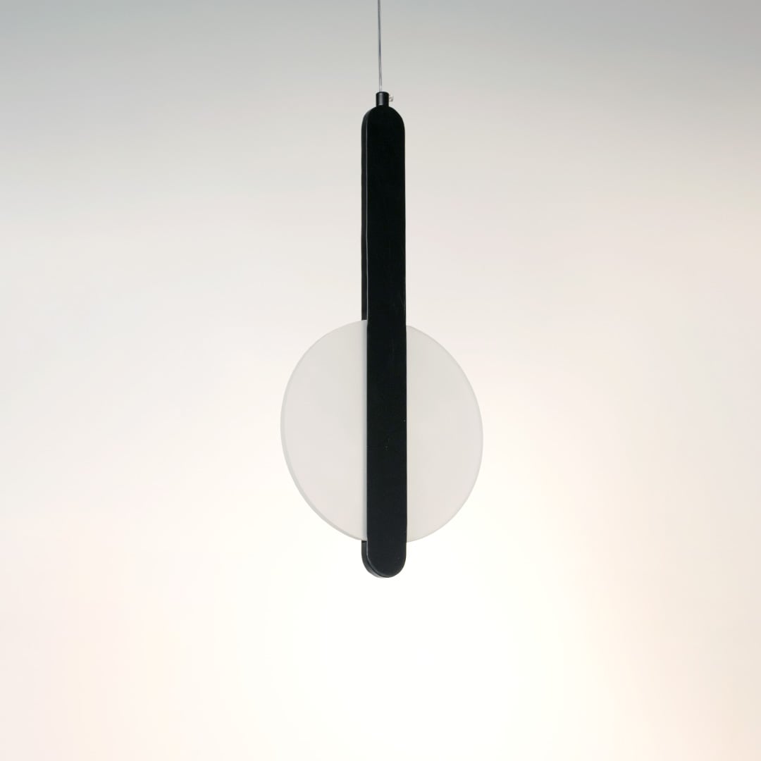 Elegant black and white geometric LED pendant lamp displayed off on white background for contemporary home decor.
