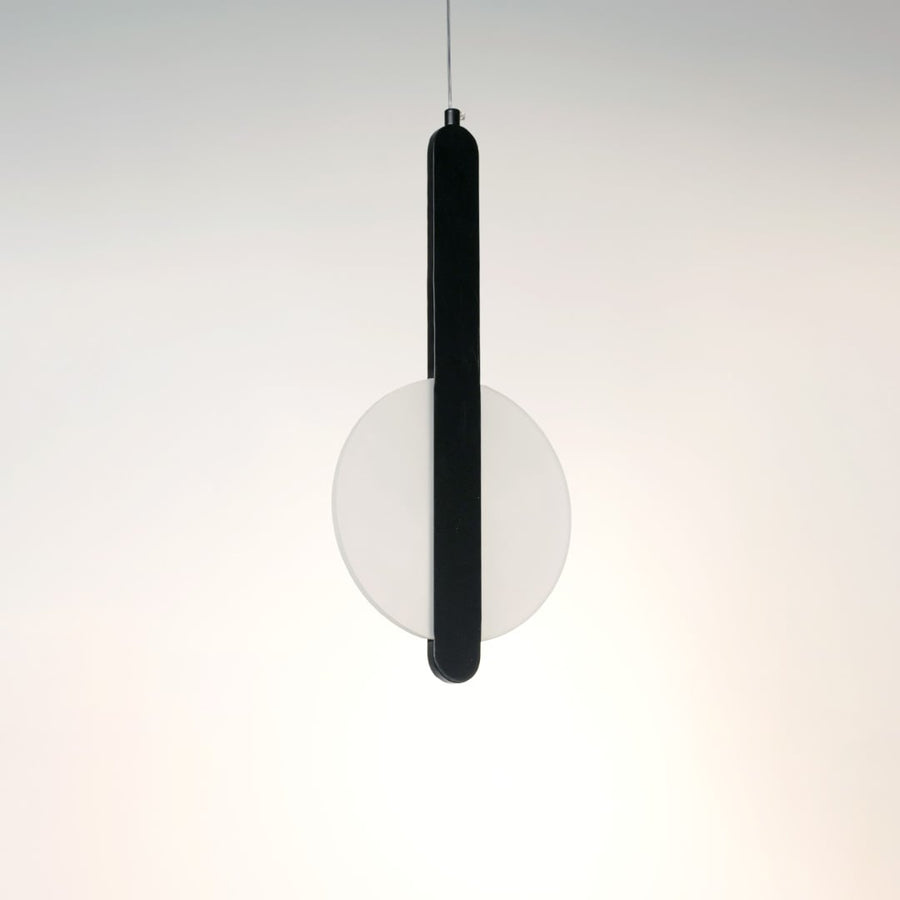 Elegant black and white geometric LED pendant lamp displayed off on white background for contemporary home decor.