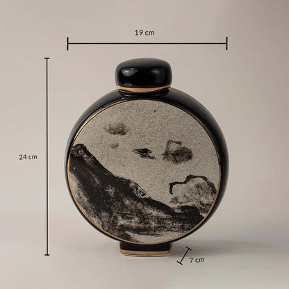 Black and beige ceramic vase with mountain design showing 24 cm height 19 cm width and 7 cm depth on white background