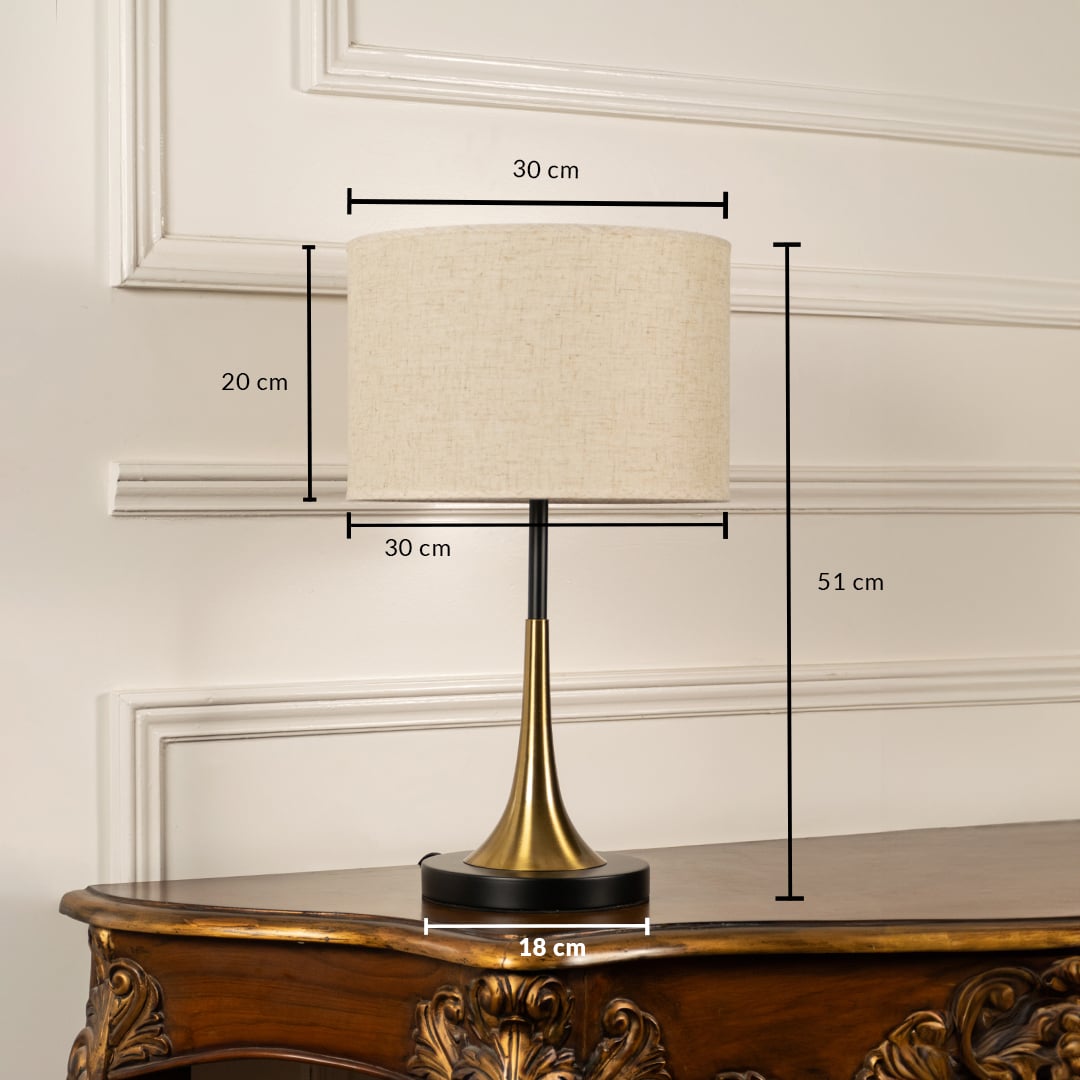 Halo glass table lamp with 31 cm height 29 cm width and 12 cm base golden finish ideal for modern decorative home lighting.
