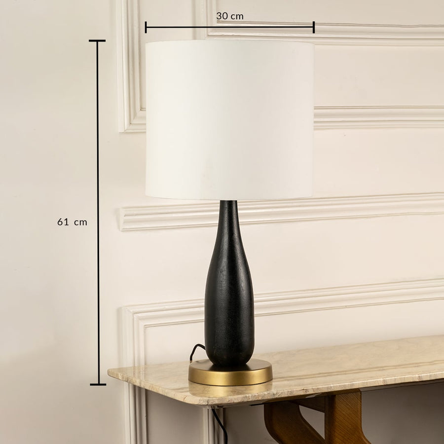 Black ceramic table lamp with white fabric shade measuring 61 cm height and 30 cm width for elegant table lighting.