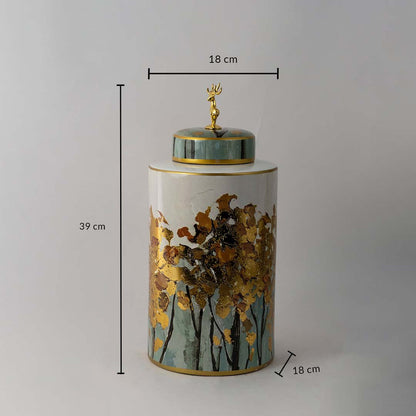 Cylindrical ceramic jar with golden tree art and deer lid shown with 39 cm height and 18 cm width for size reference.