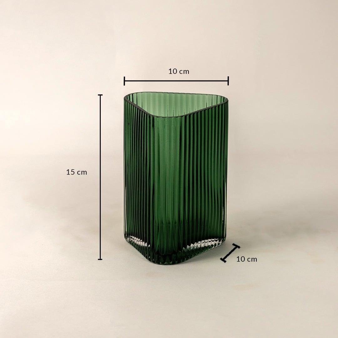 Green ribbed glass vase with 15 cm height and 10 cm width shown on white background for accurate size and proportion reference.
