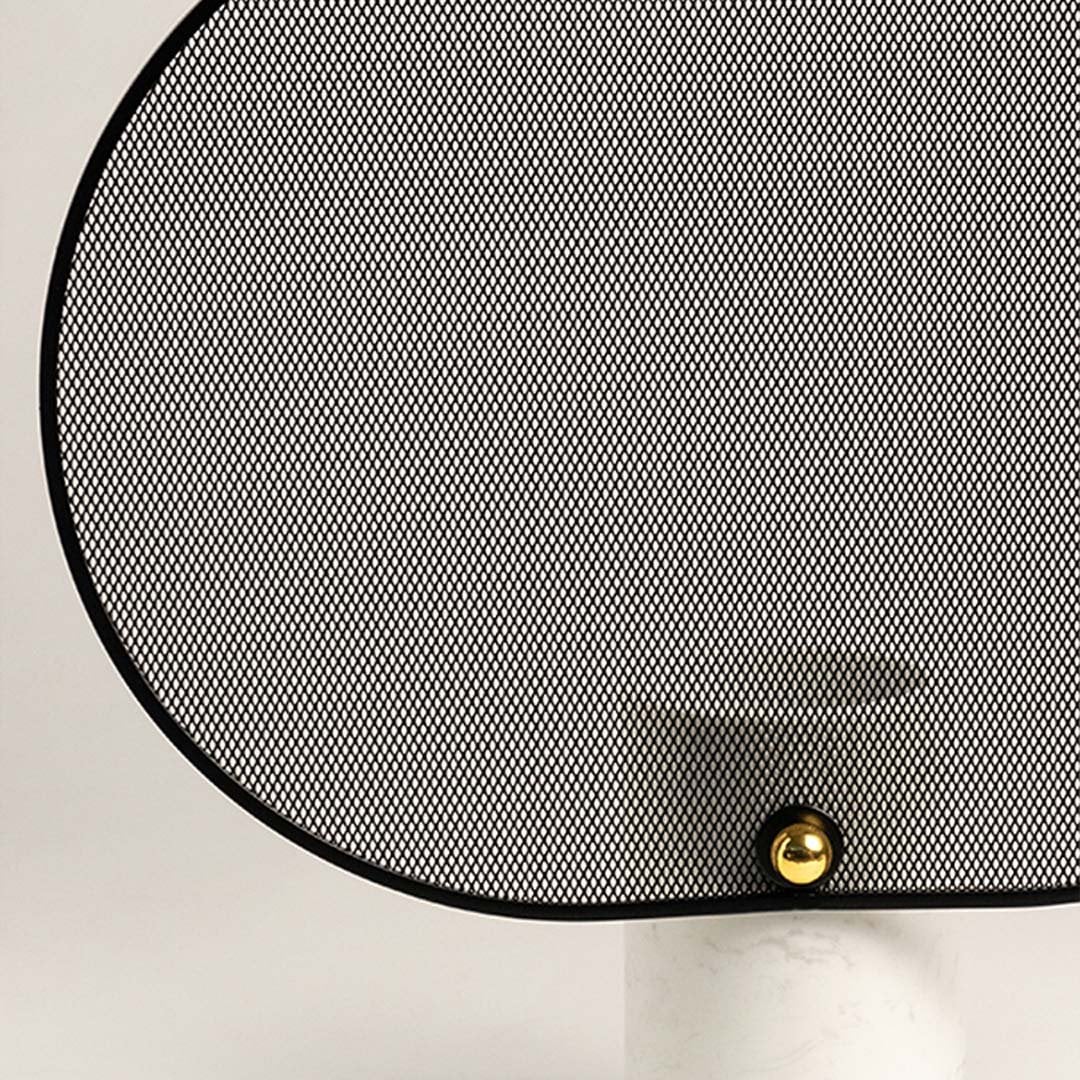 Detailed closeup of black mesh oval screen with gold accent and marble cylindrical base.