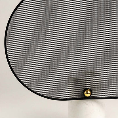 Detailed closeup of black mesh oval screen with gold accent and marble cylindrical base.