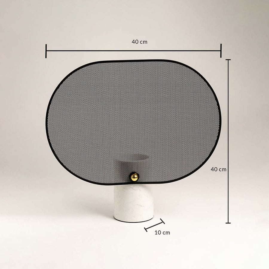 Decorative mesh screen with marble base showing 40 cm height and 40 cm width dimensions.