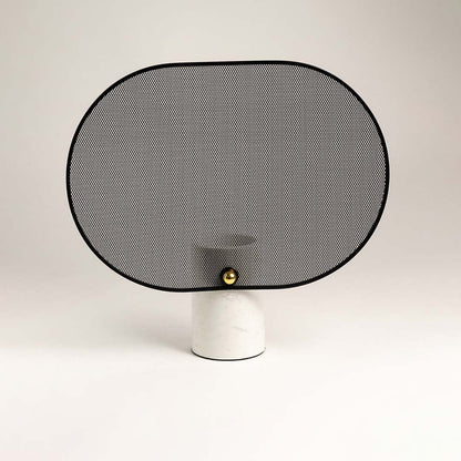 Decorative black mesh screen with round marble base displayed on plain white background for product focus.