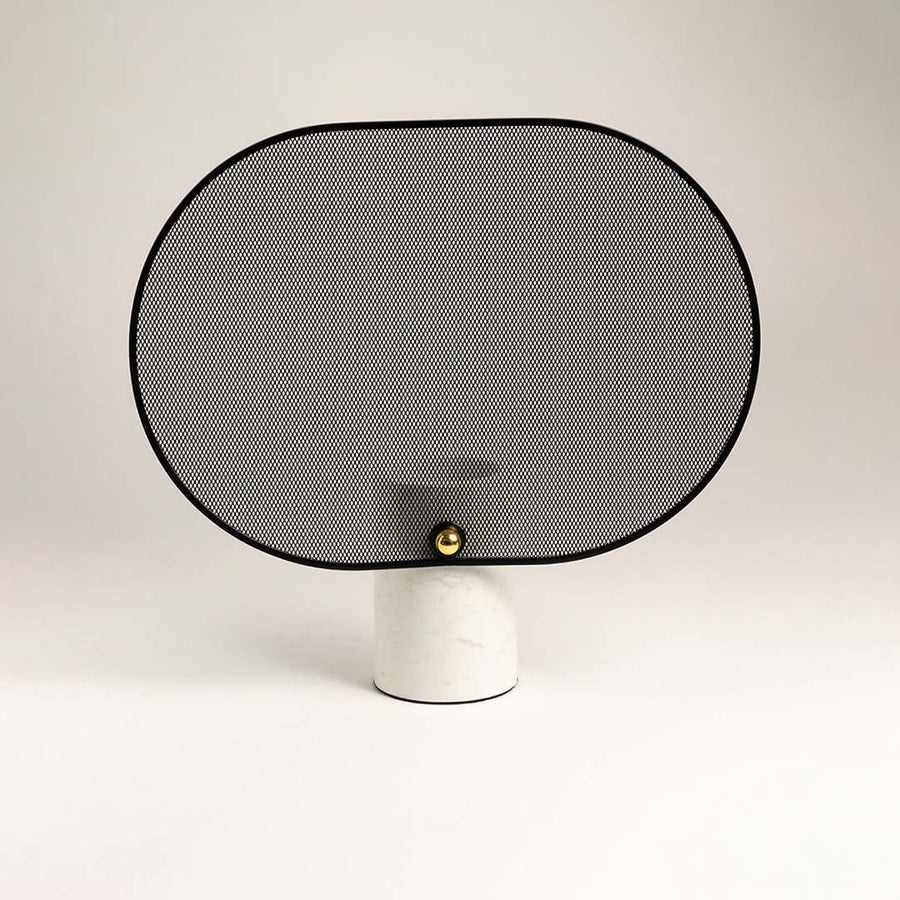 Decorative black mesh screen with round marble base displayed on plain white background for product focus.