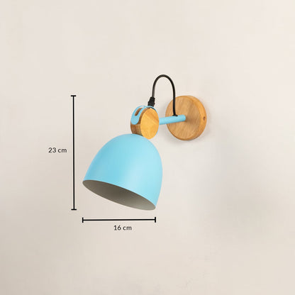 Nordic blue metal and wood dome wall lamp showing height measurements of twenty-three centimeters on a plain background.