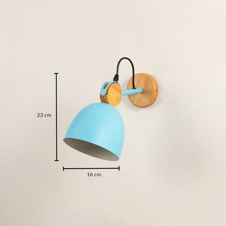 Nordic blue metal and wood dome wall lamp showing height measurements of twenty-three centimeters on a plain background.