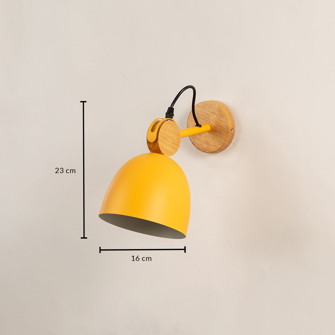 Nordic yellow metal and wood dome wall lamp showing height measurements of twenty-three centimeters on a plain background.