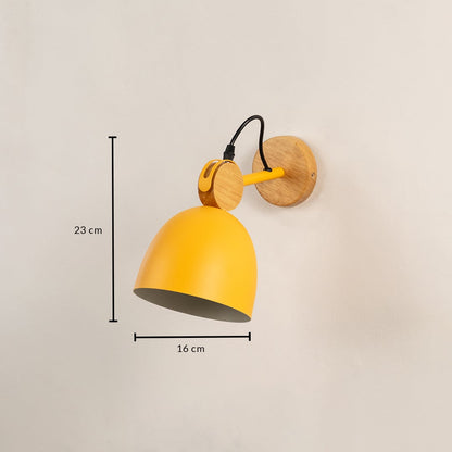 Nordic yellow metal and wood dome wall lamp showing height measurements of twenty-three centimeters on a plain background.