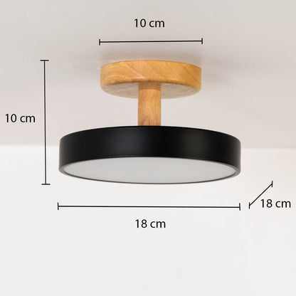 Black metal ceiling light with wood mount shown with 18 cm width and 10 cm height for accurate size reference.